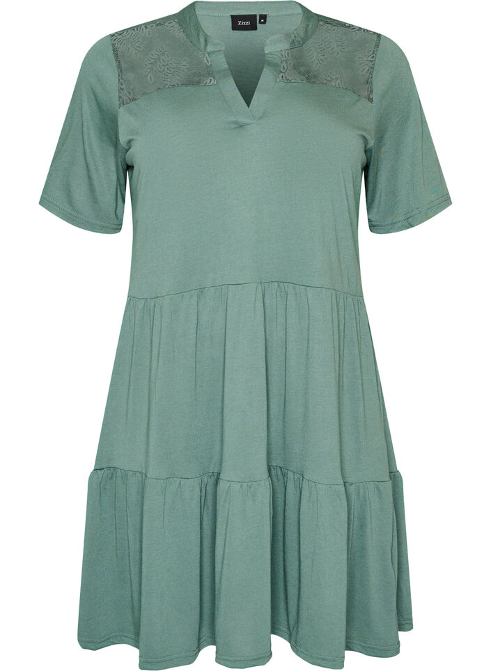 Jerseyjurk met kanten details en een gelaagde rok, Groen, Packshot image number 0