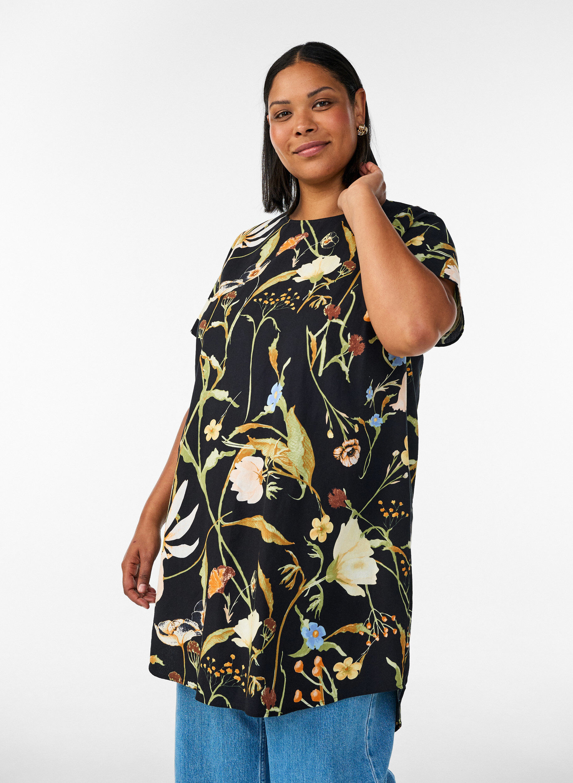 ZizziKatoenen tuniek met een bloemenprint, Zwart, Model image number 0