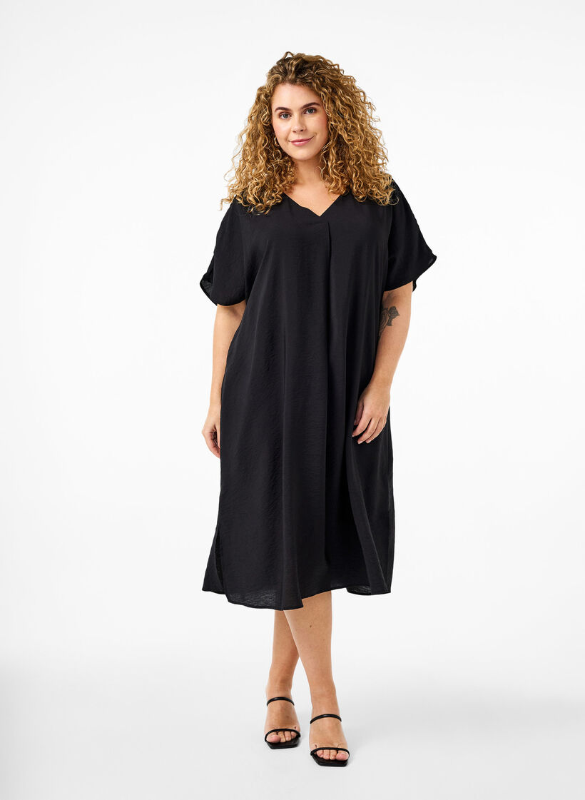 Jurk met V-hals van viscose, Zwart, Model image number 0