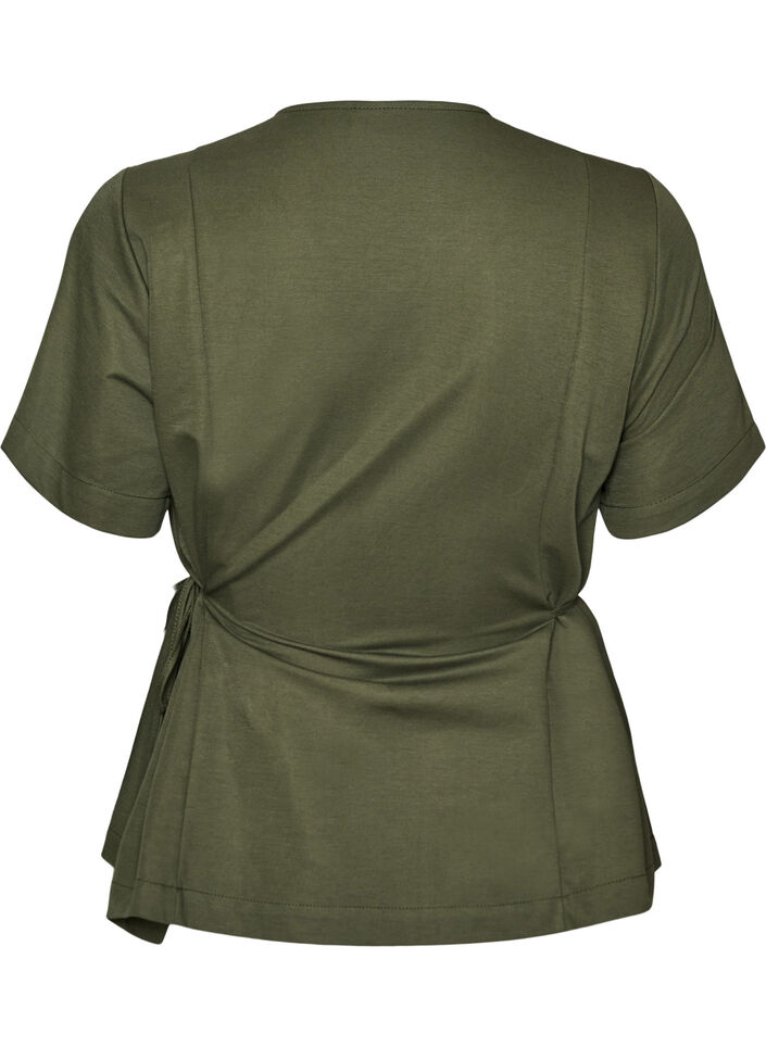 Blouse in een katoenmix met V-hals en striklint, Groen, Packshot image number 1