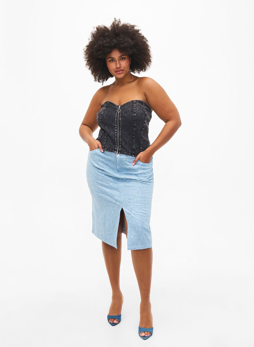 Denim rok met split en pailletten, Light Blue Denim, Model image number 0