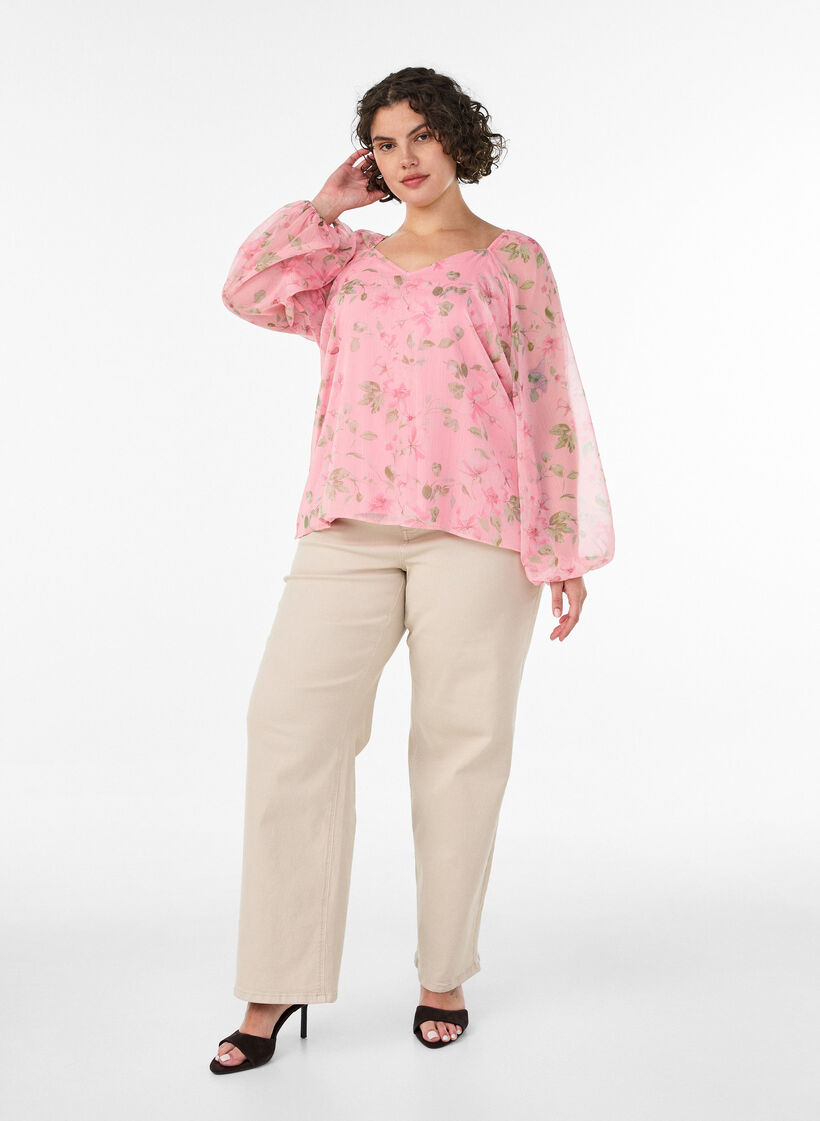 Chiffon blouse met bloemenprint en lange mouwen, Roze, Model image number 1