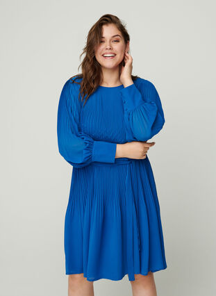 Plissé jurk met lange mouwen en striksluiting, Classic Blue , Model image number 0