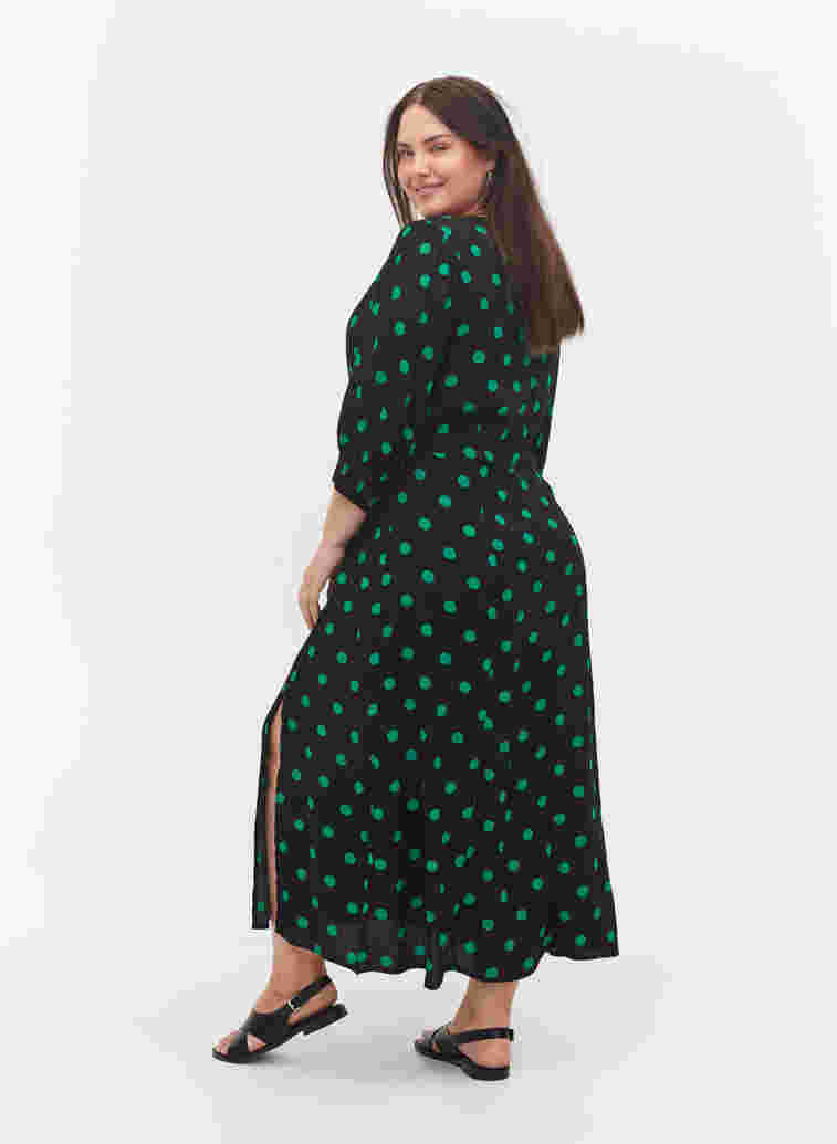 Polka stippen viscose midi jurk, Black Jol Green Dot, Model image number 1