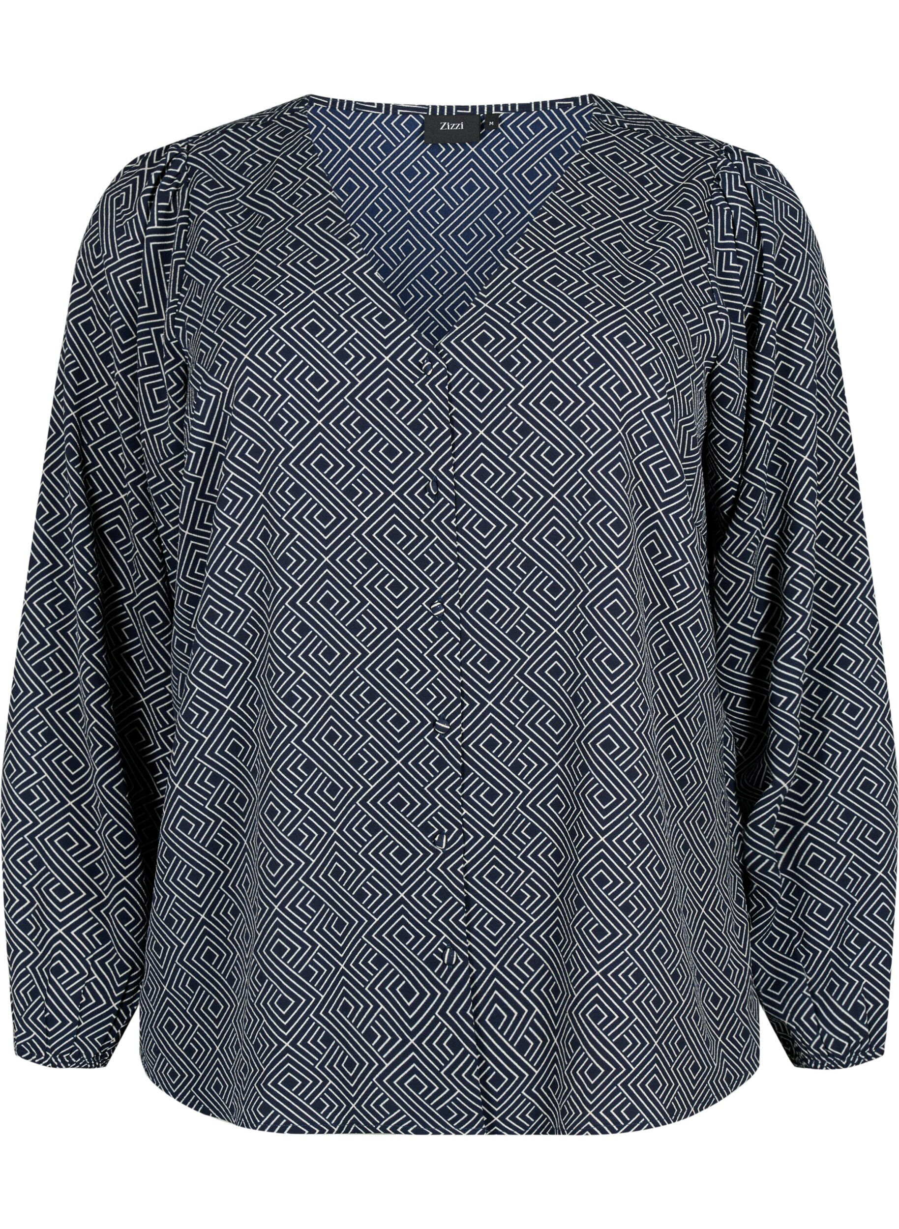 Zizzi Blouse avec col en V et imprim&eacute;, Navy Graphic AOP, Packshot image number 0