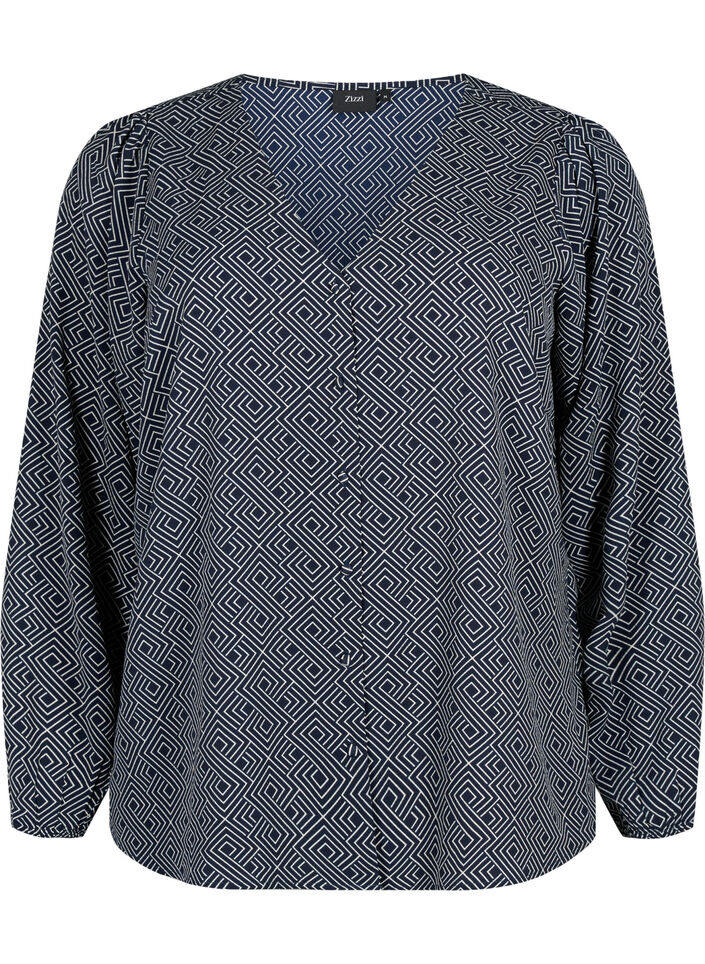 Blouse avec col en V et imprimé, Navy Graphic AOP, Packshot image number 0