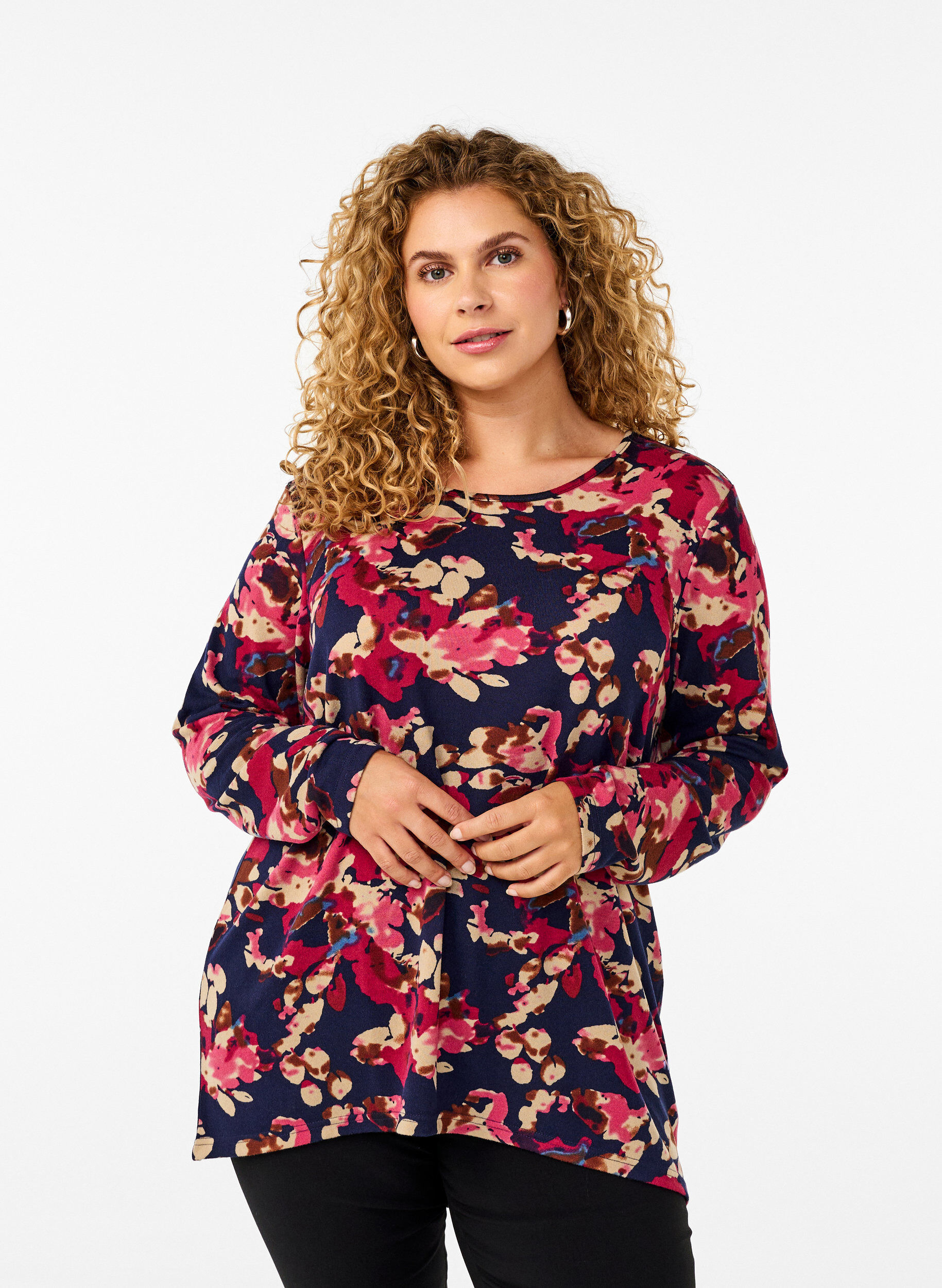 Zizzi Gedessineerde blouse met lange mouwen, Blauw, Model image number 0