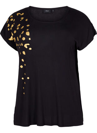 T-shirt met korte mouwen van viscose en gouden opdruk, Black Gold , Packshot image number 0