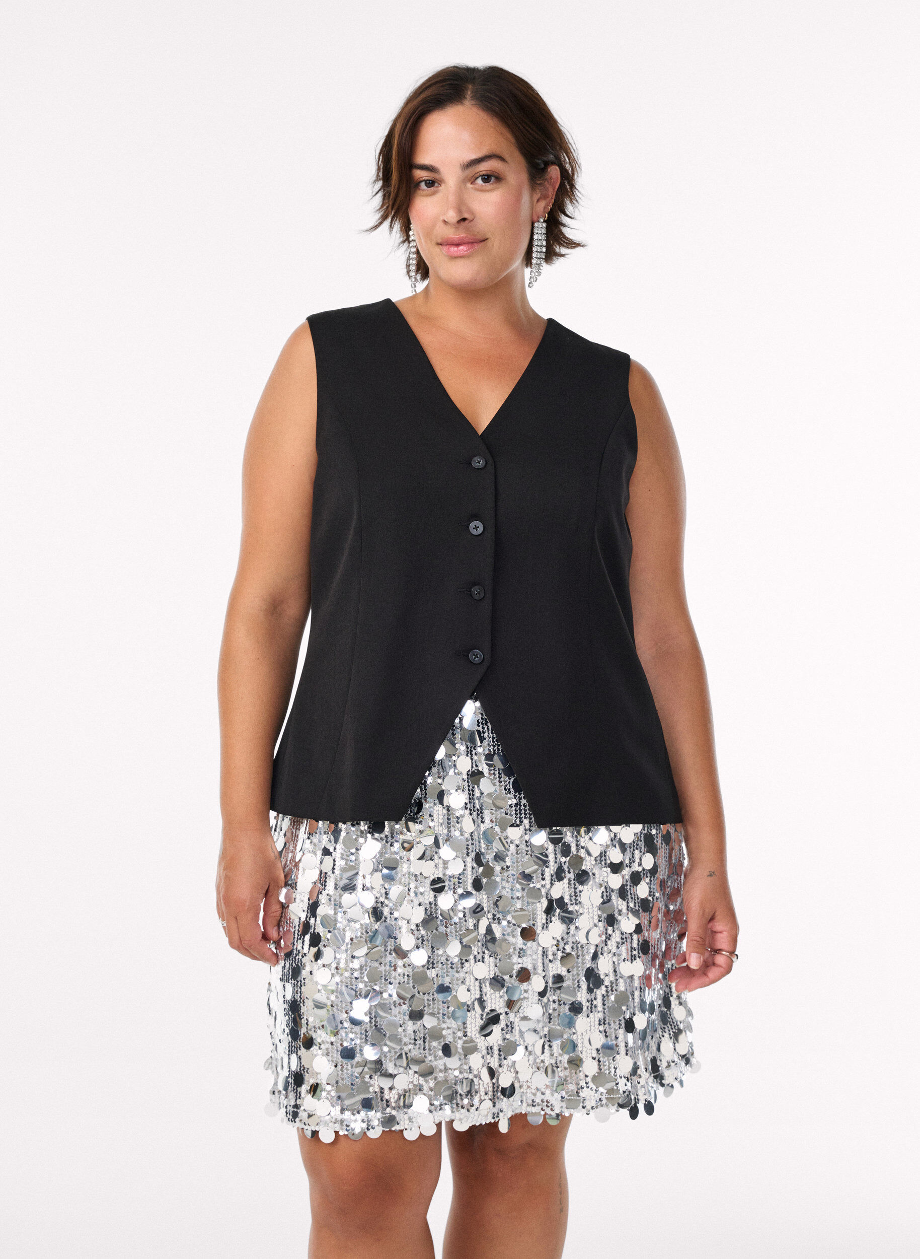 ZizziKorte paillettenrok met elastische tailleband, Zilver, Model image number 0
