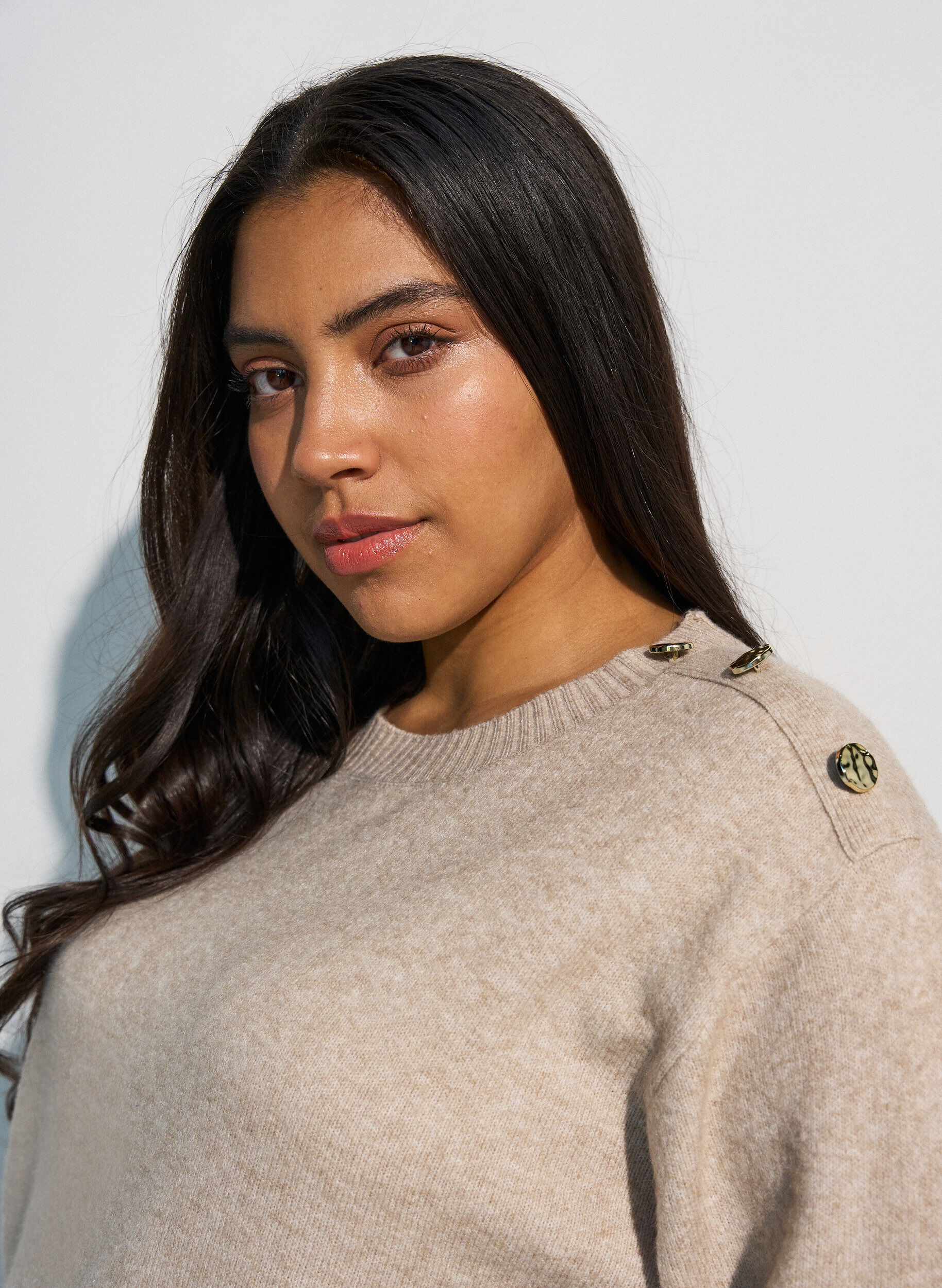 ZizziBreisel blouse met knoopdetail, Beige, Model image number 3
