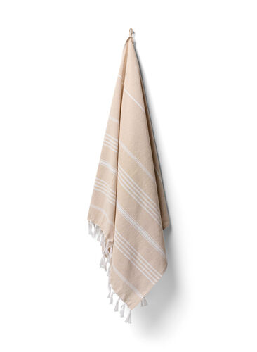 Gestreepte handdoek met franjes, Beige Melange, Packshot image number 0