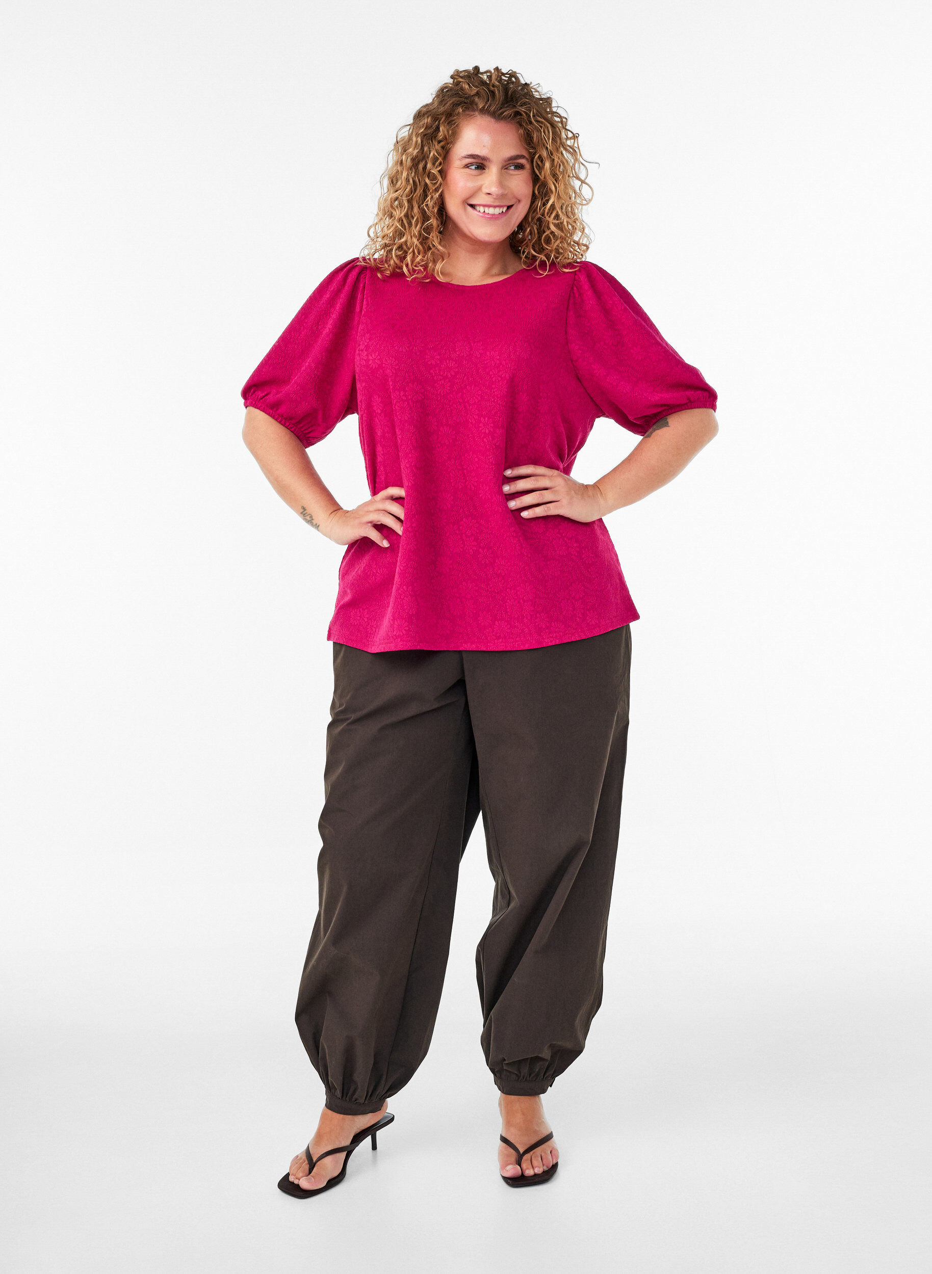 ZizziBlouse met textuur en korte mouwen, Roze, Model image number 1