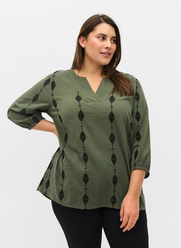 Gedessineerde blouse met v-snit en 3/4 mouwen, Thyme, Model image number 0