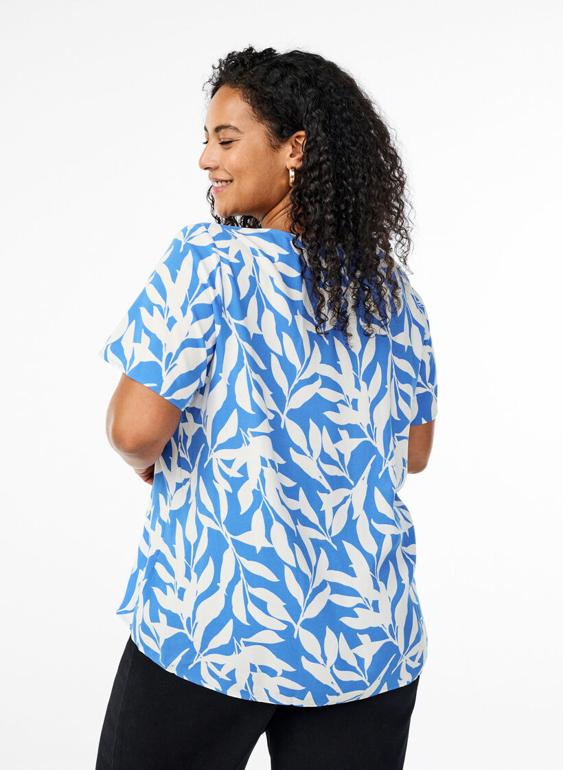 Viscose blouse met korte mouwen en print, Blauw, Model image number 2
