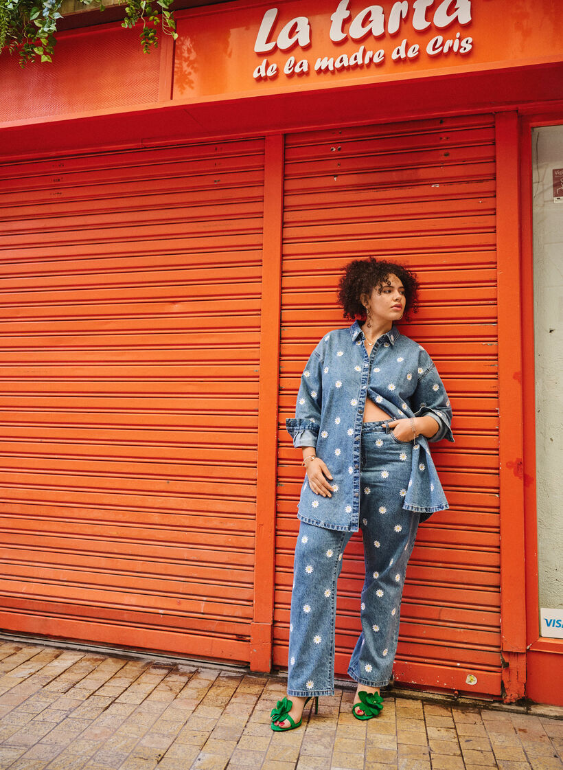 Gemma jeans met hoge taille en madeliefjes, Blauw, Image image number 0