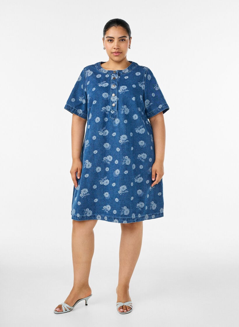A-lijn denimjurk met bloemenpatroon, Blauw, Model image number 1