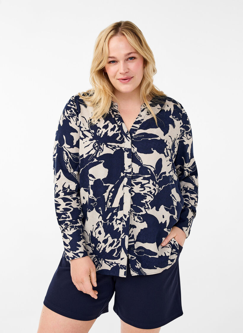 Shirt met lange mouwen, print en V-hals, Navy Blazer AOP, Model image number 0