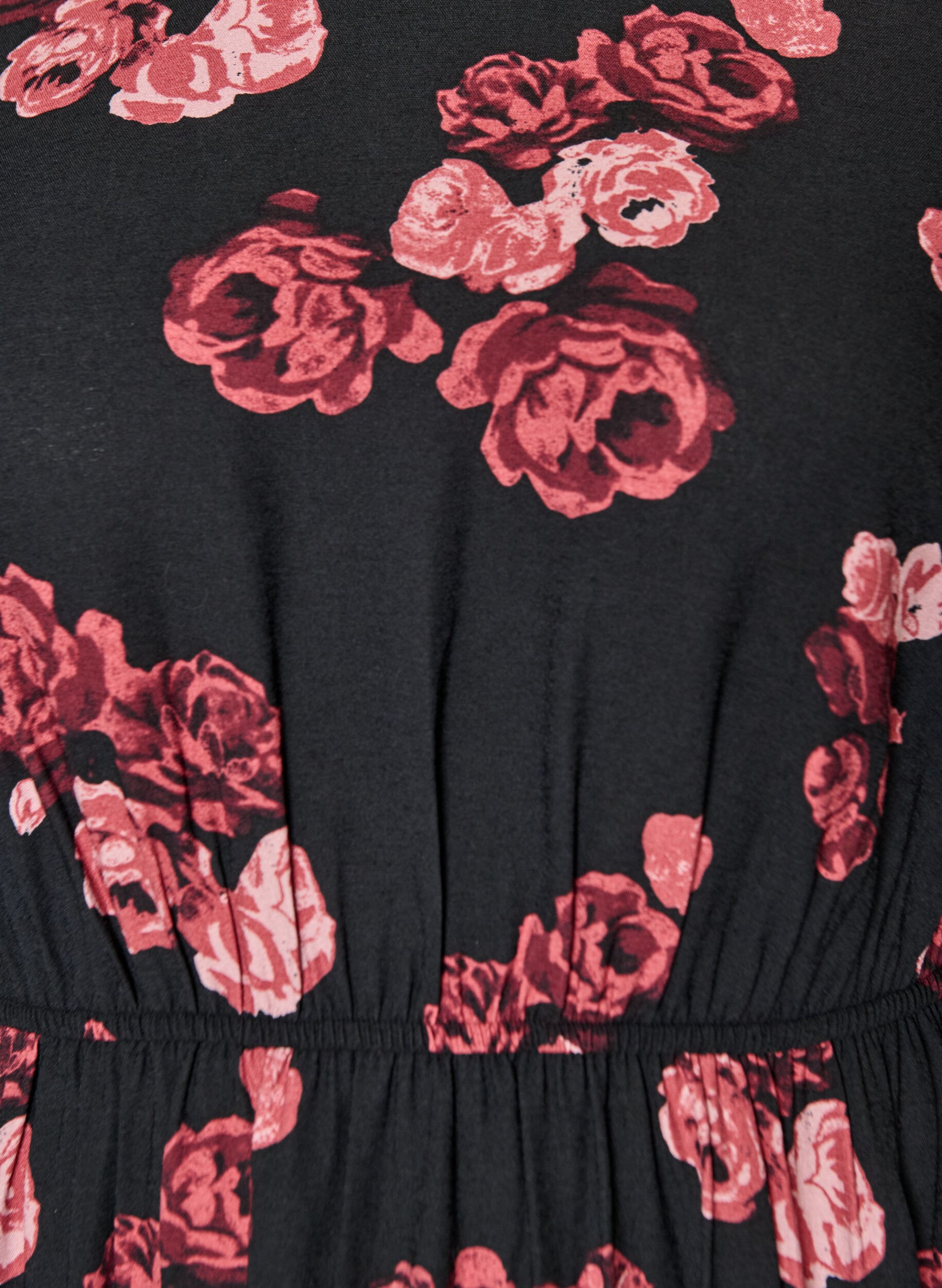 ZizziMidi-jurk met rozenprint en korte ballonmouwen, Zwart, Packshot image number 2
