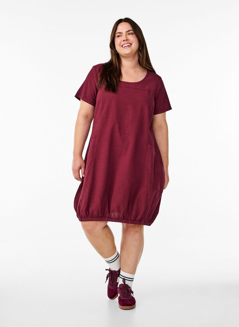 Katoenen jurk met korte mouwen, Donker Bordeaux, Model image number 1