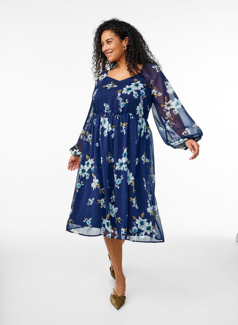 Chiffon feestjurk met lange mouwen, Blauw, Model image number 0