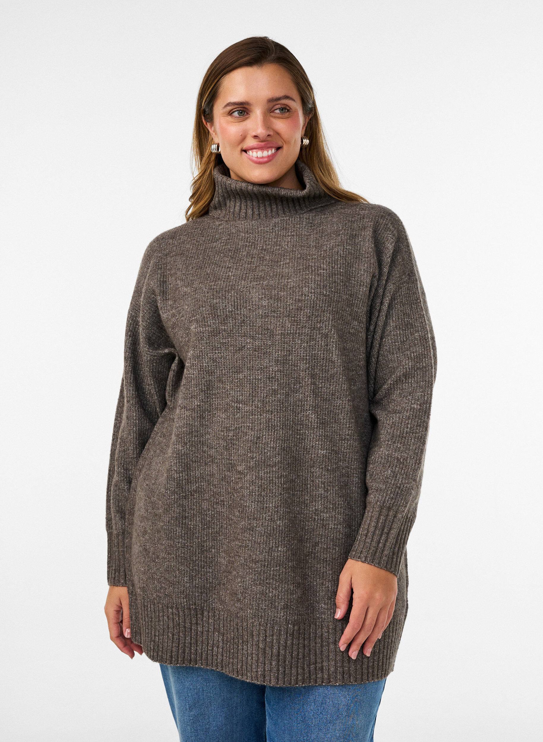 ZizziLosse gebreide trui met coltrui, Bruin, Model image number 0