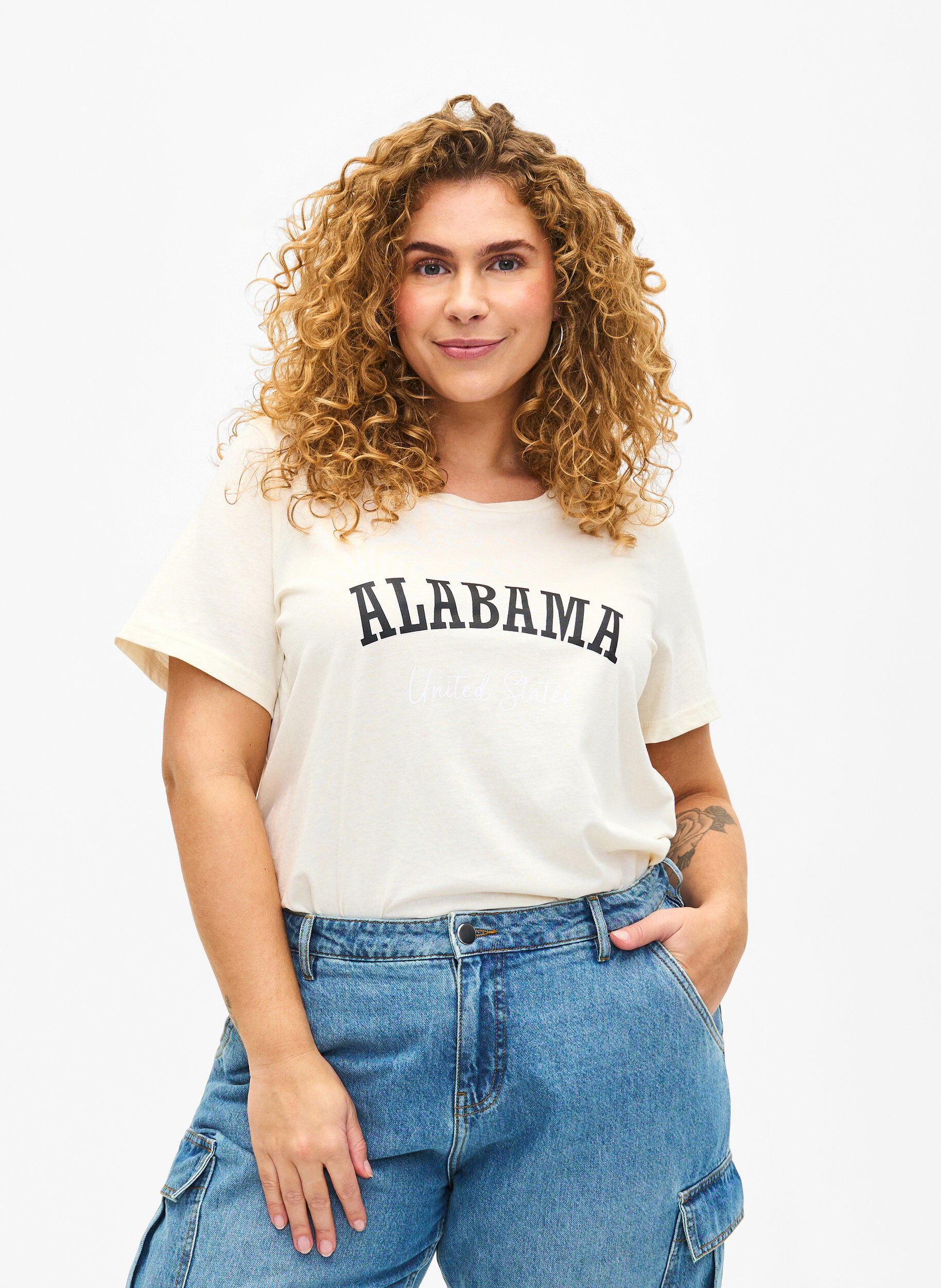 Zizzi Katoenen T-shirt met tekst, Antique W. Alabama, Model image number 0