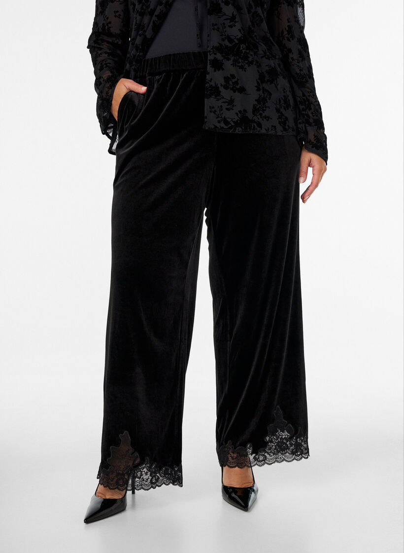 Fluwelen broek met kanten rand en wijde pijpen, Zwart, Model image number 0