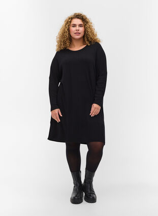 Oversized gebreide jurk van viscosemix, Black, Model image number 2