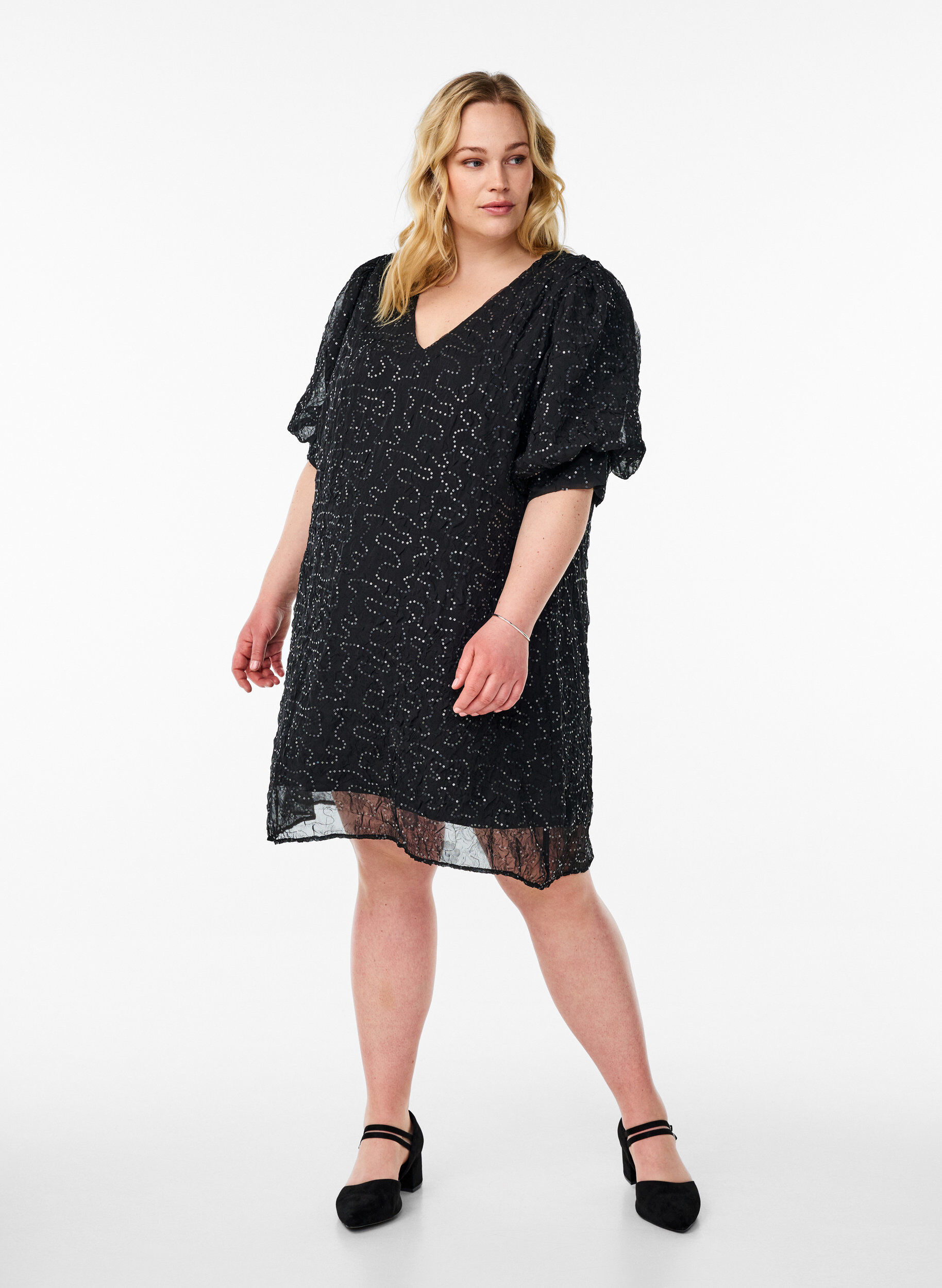 Zizzi Korte feestjurk met pailletten, Zwart, Model image number 1