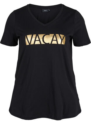 Katoenen t-shirt met v-hals, Black VACAY , Packshot image number 0