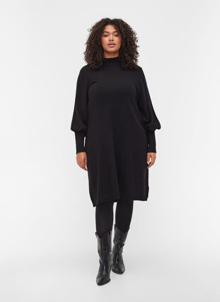 Gebreide jurk in viscosemix met ballonmouwen, Black, Model image number 2