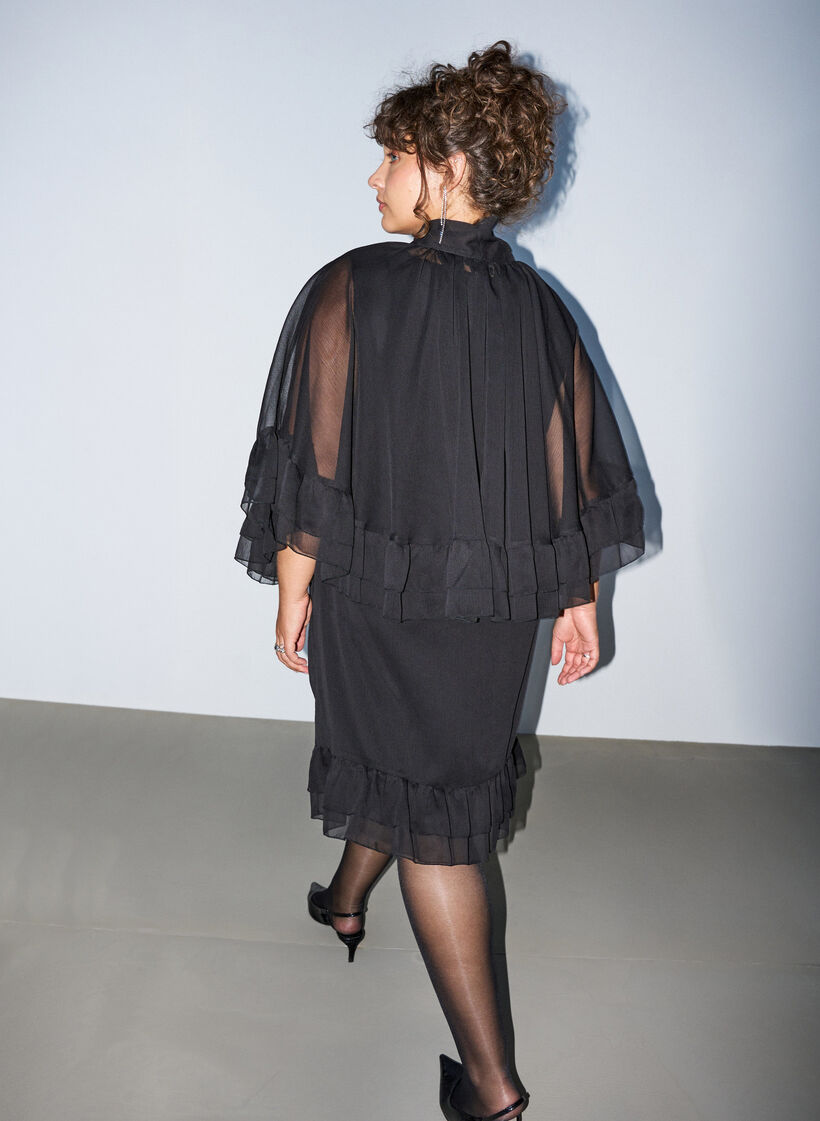 Mouwloze jurk met chiffon cape, Zwart, Model image number 2