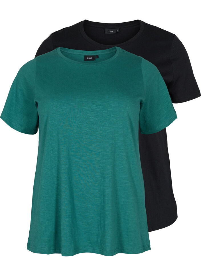 Set van 2 basic t-shirts in katoen, Antique Green/Black, Packshot image number 0