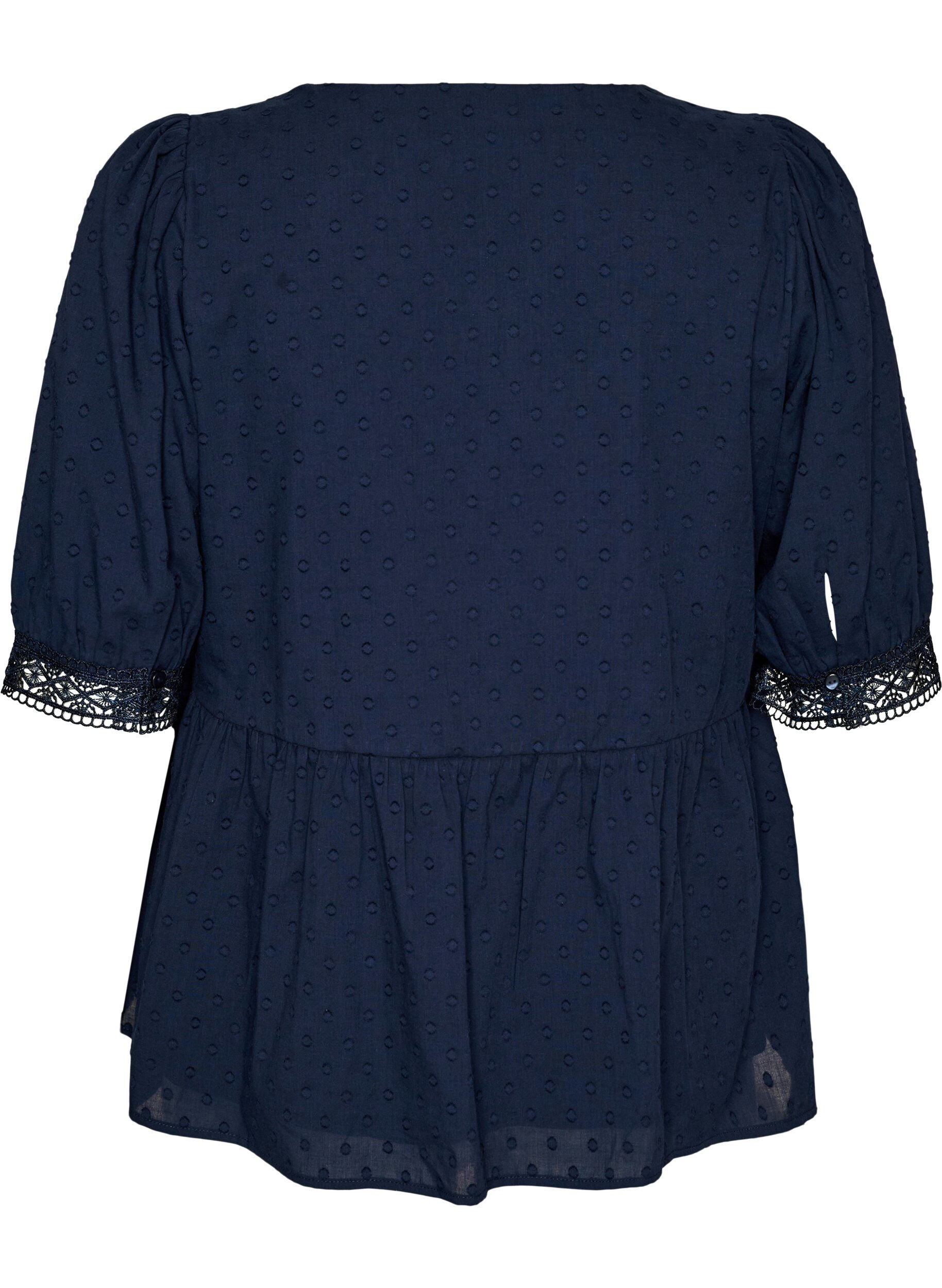Zizzi Blouse van gestructureerd katoen met crochet details, Blauw, Packshot image number 1