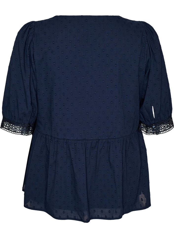 Blouse van gestructureerd katoen met crochet details, Blauw, Packshot image number 1
