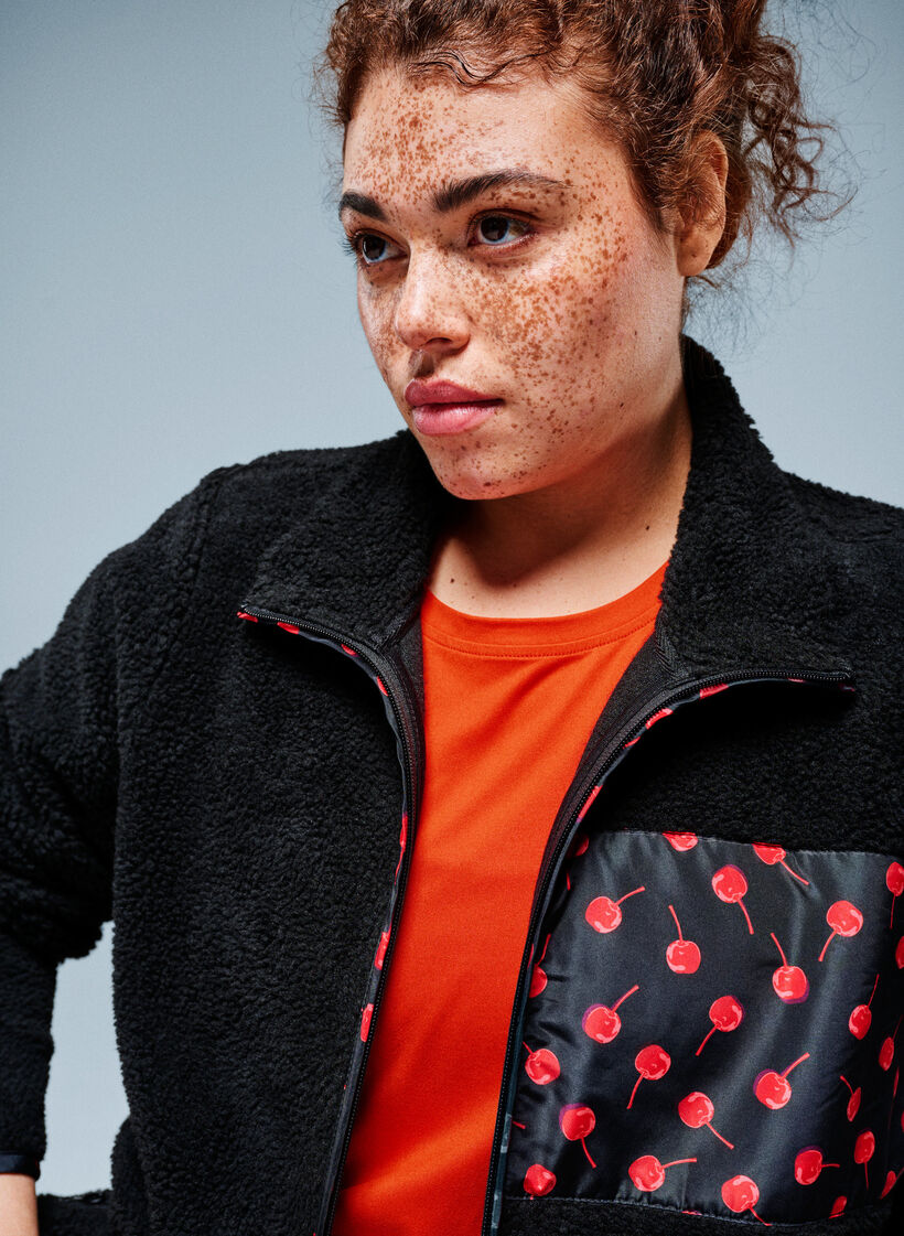 Teddy-fleece jack met kersendetails, Zwart, Image image number 0