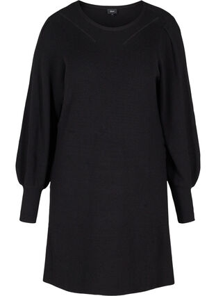Gebreide jurk met ballonmouwen, Black, Packshot image number 0
