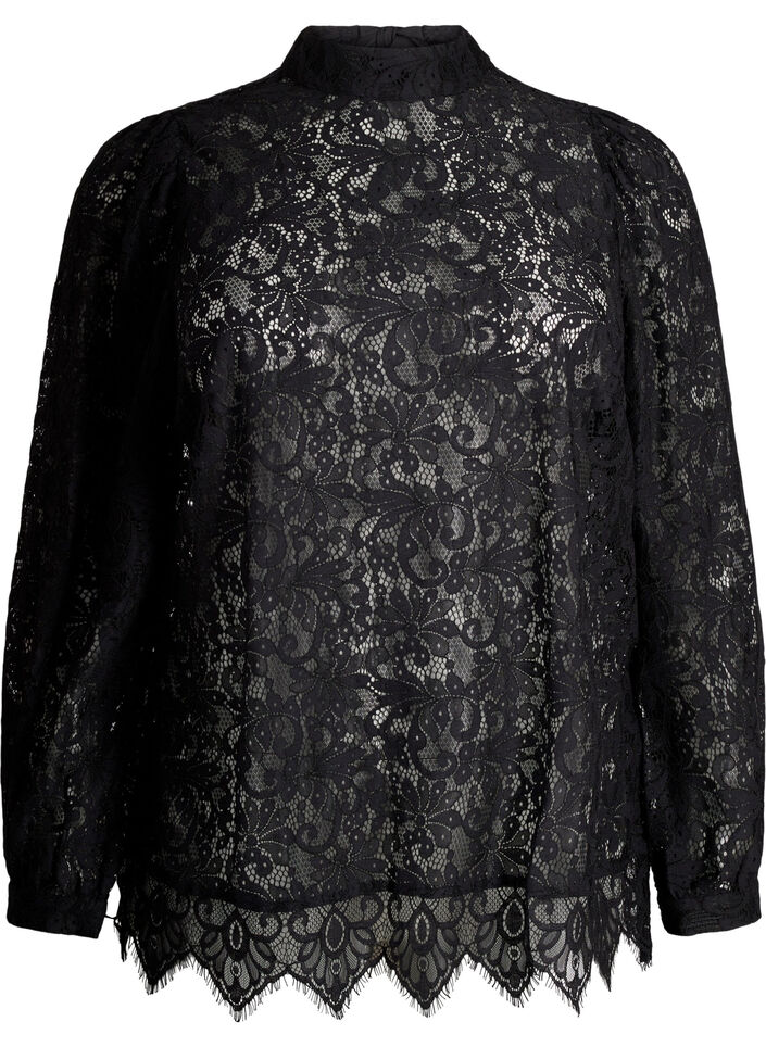 Kanten blouse met strikdetail, Black, Packshot image number 0