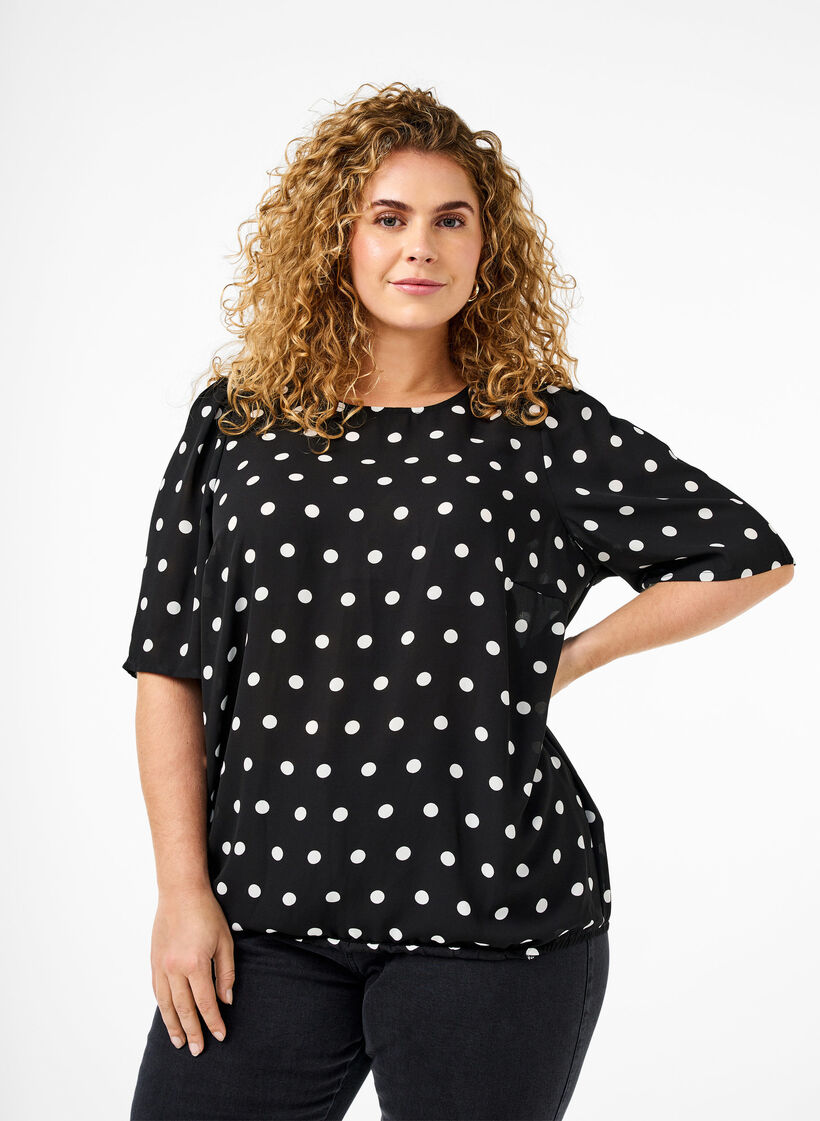 Gestippelde blouse met korte mouwen, Black W. White Dot, Model image number 0