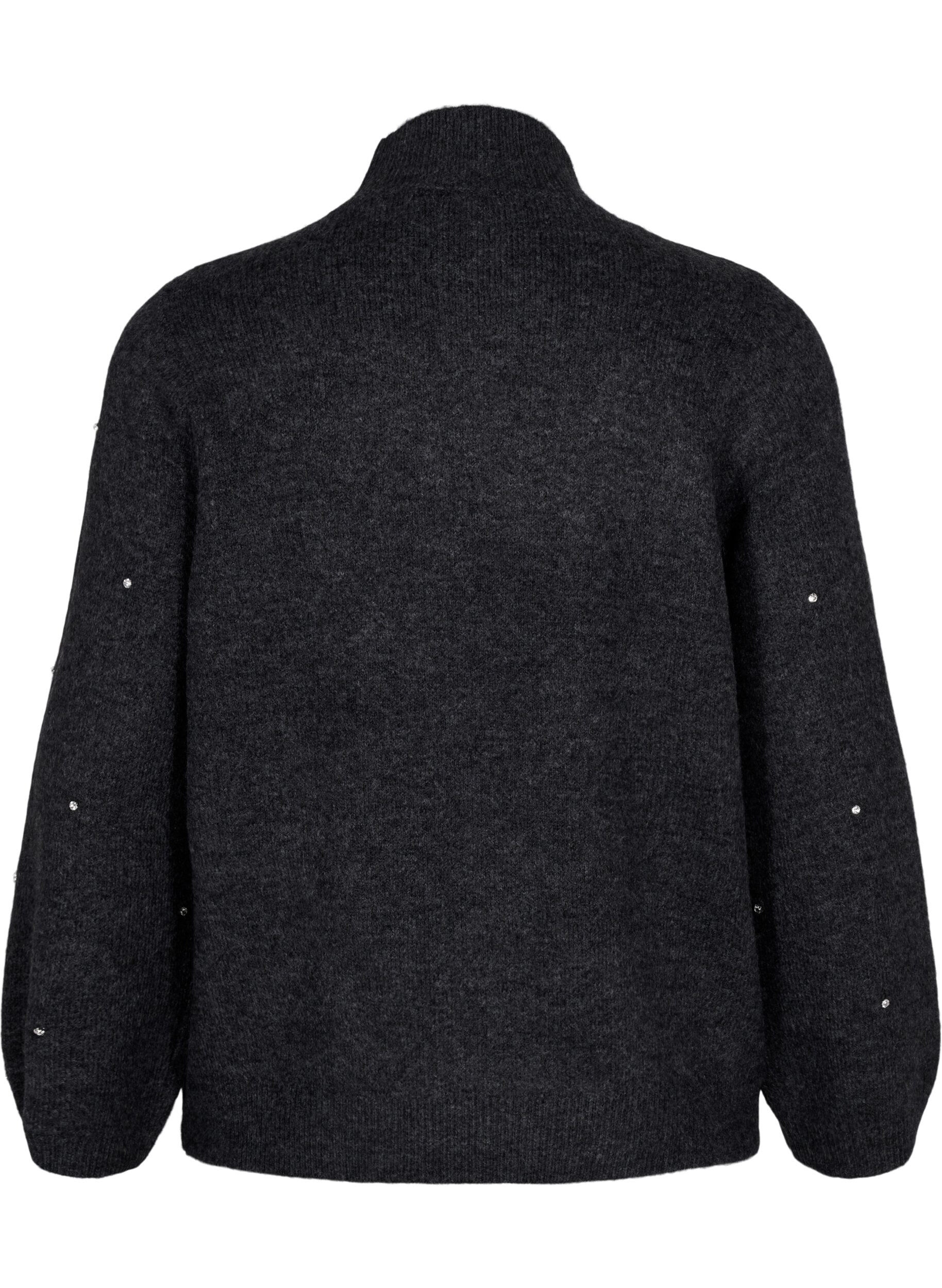 Zizzi Gebreide blouse met bergkristallen en een hoge halslijn, Dark Grey Melange, Packshot image number 1