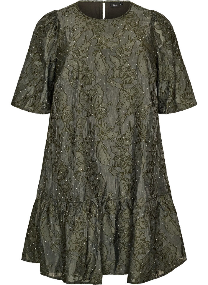 Jacquard jurk met glanzende details en pofmouwen, Groen, Packshot image number 0
