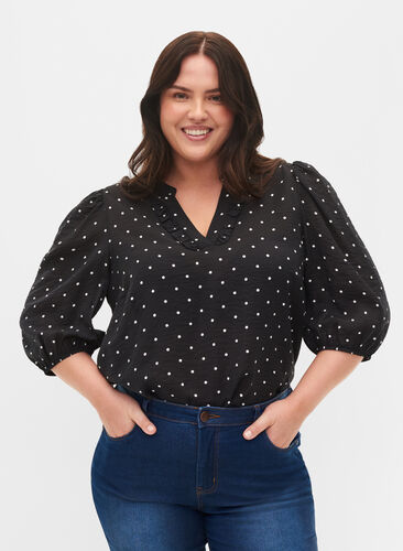 Gestippelde blouse met 3/4 mouwen in viscose, Black Dot, Model image number 0