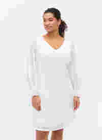 Kanten jurk met v-snit en lange mouwen, Bright White, Model