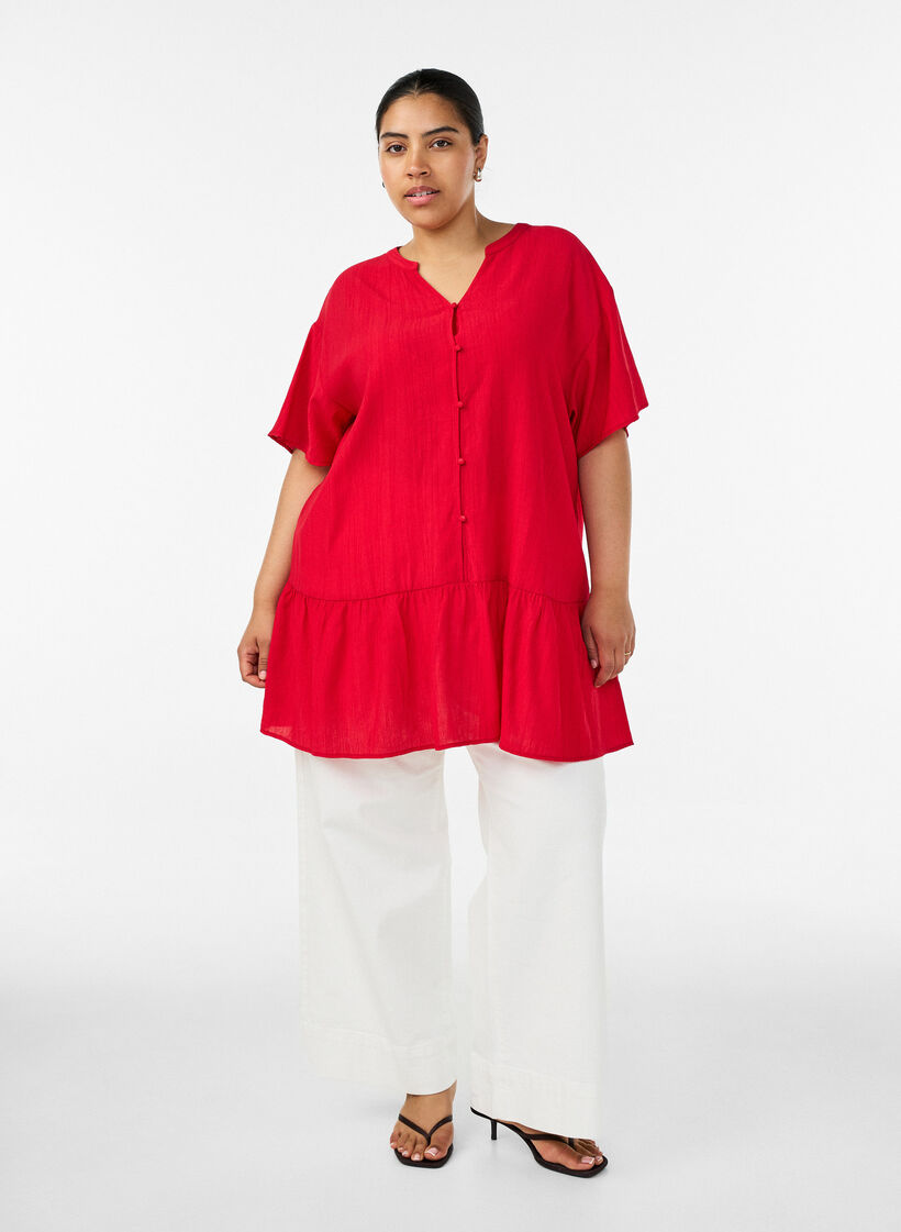 Losse tuniek met gekreukte structuur en rucherand, Rood, Model image number 1
