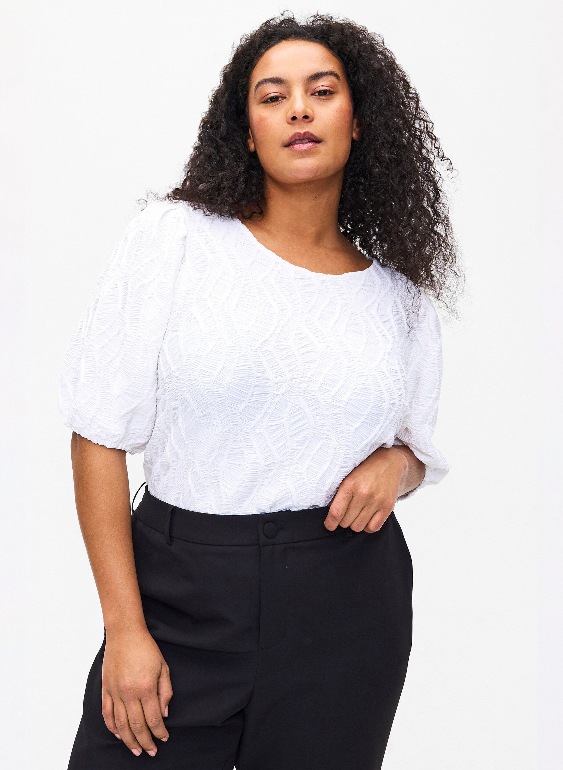 Zizzi Blouse met structuur en korte mouwen, Bright White, Model image number 0