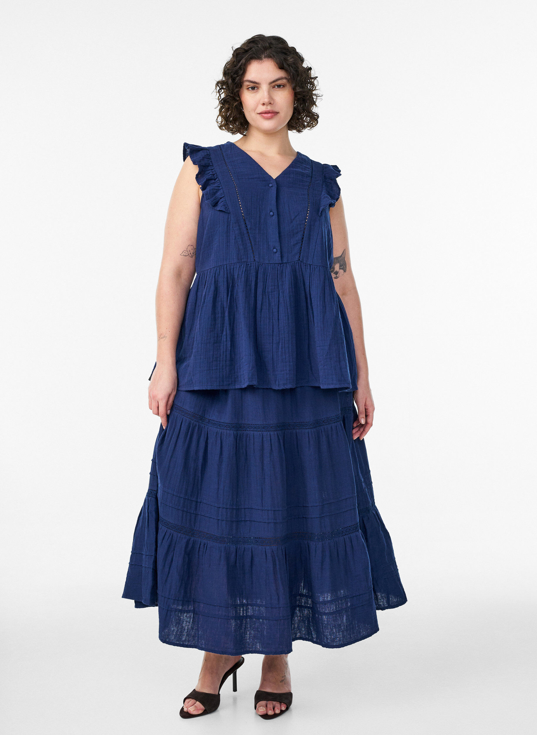 ZizziA-line midi skirt in cotton muslin with crochet band, Blauw, Model image number 0