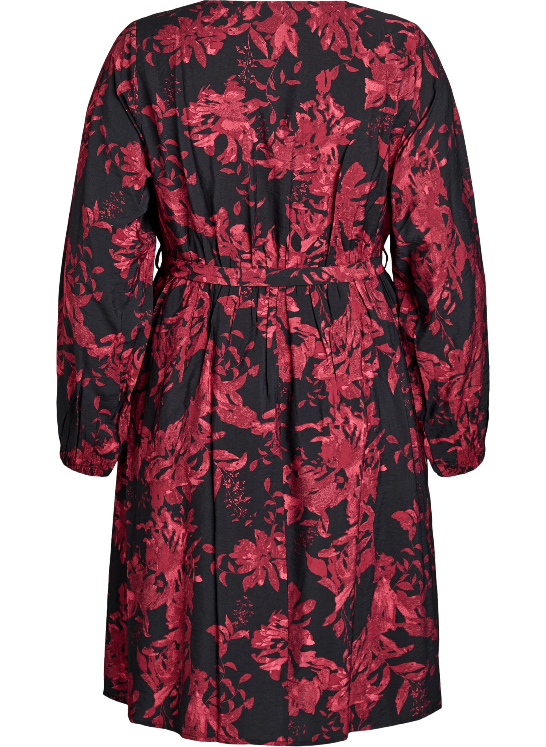 Zizzi Knielange jurk met strikriem en wikkel-look, Zwart, Packshot image number 1