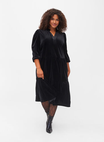 Velours jurk met ruche kraag en 3/4 mouwen, Black, Model image number 0
