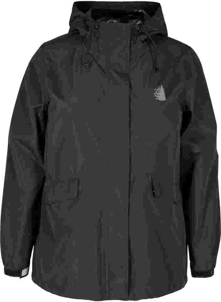 Sportief regenjack met capuchon en zakken, Black, Packshot image number 0