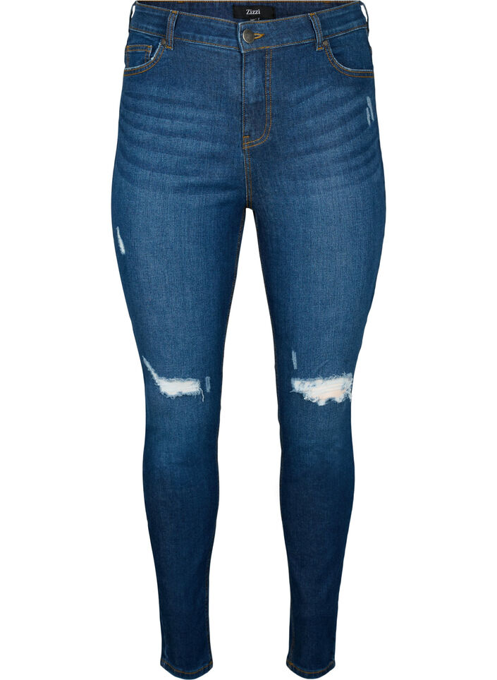 Super slanke destroyed Amy jeans met hoge taille, Dark blue, Packshot image number 0
